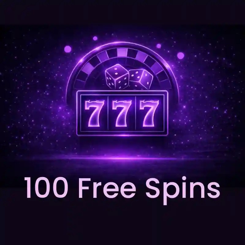 100 free spins bonus feature image of a slot reel showing 777 with dice and roulette wheel in the background