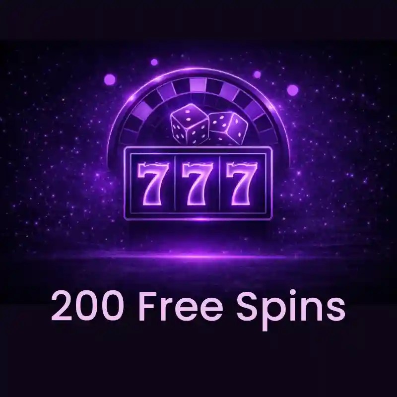 200 free spins bonus feature image of a slot reel showing 777 with dice and roulette wheel in the background
