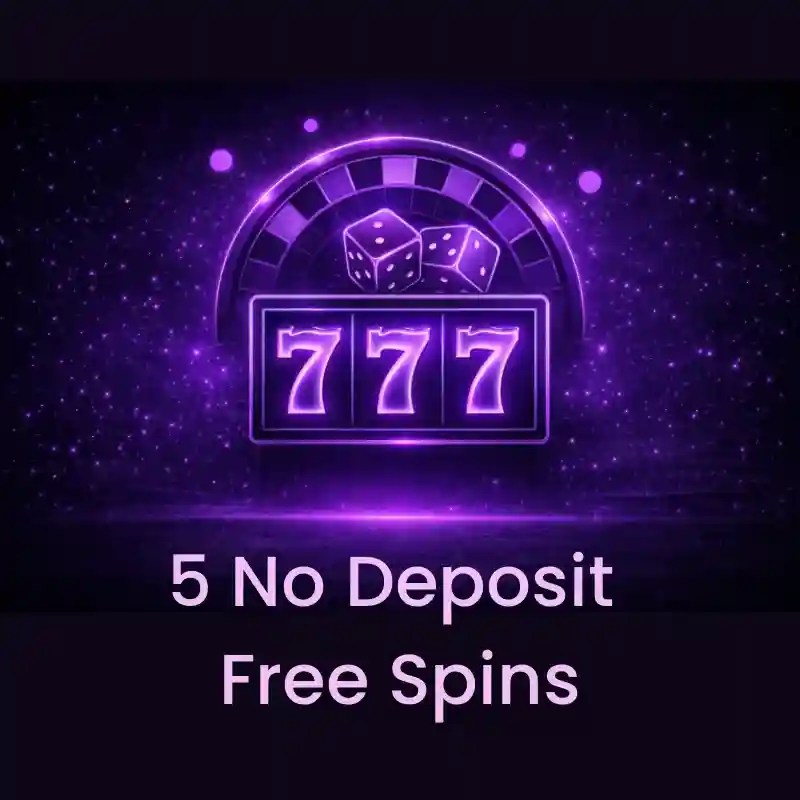 5 free spins no deposit bonus feature image of a slot reel showing 777 with dice and roulette wheel in the background