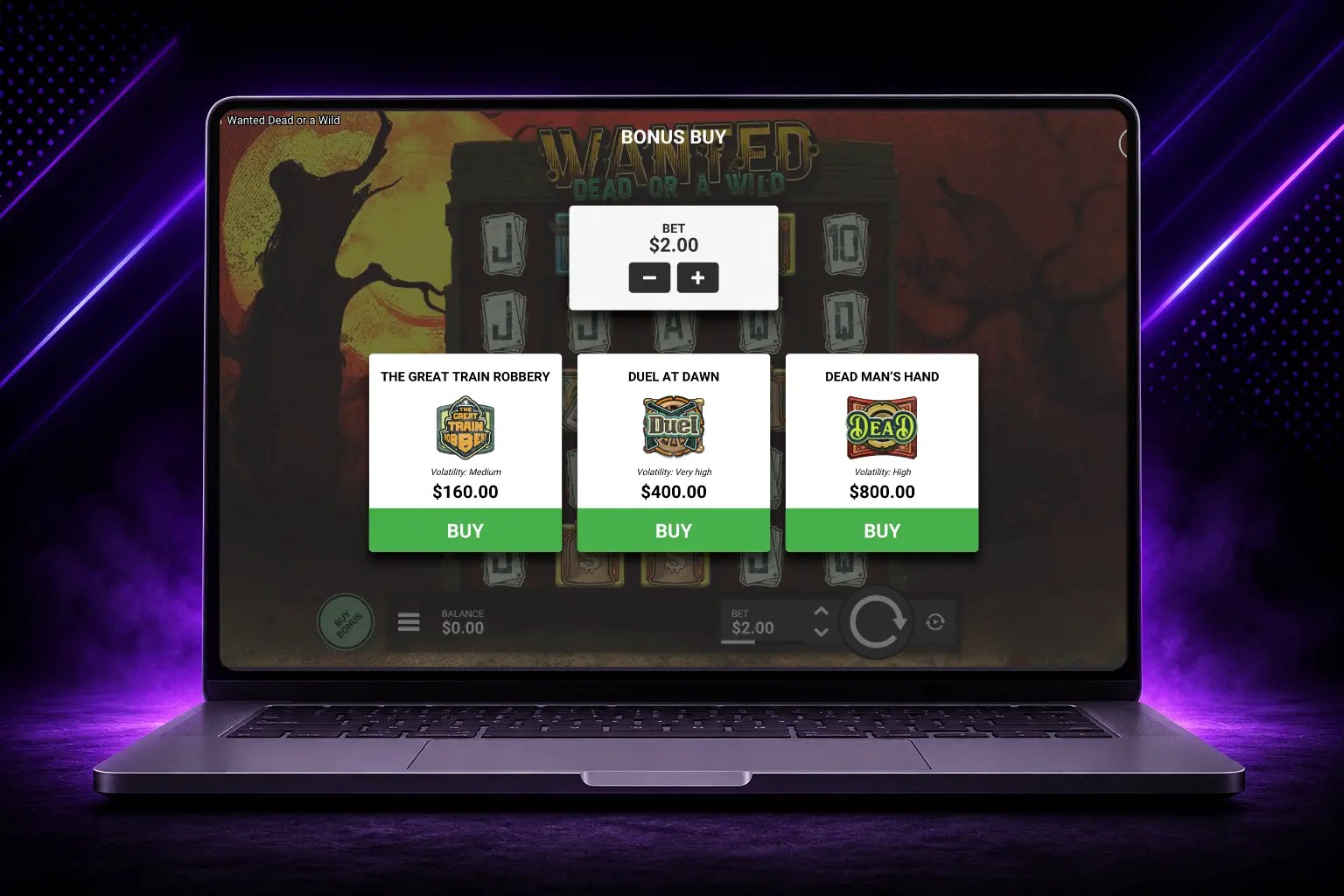 Wanted dead or wild slot bonus buy menu displayed on a laptop with a purple background