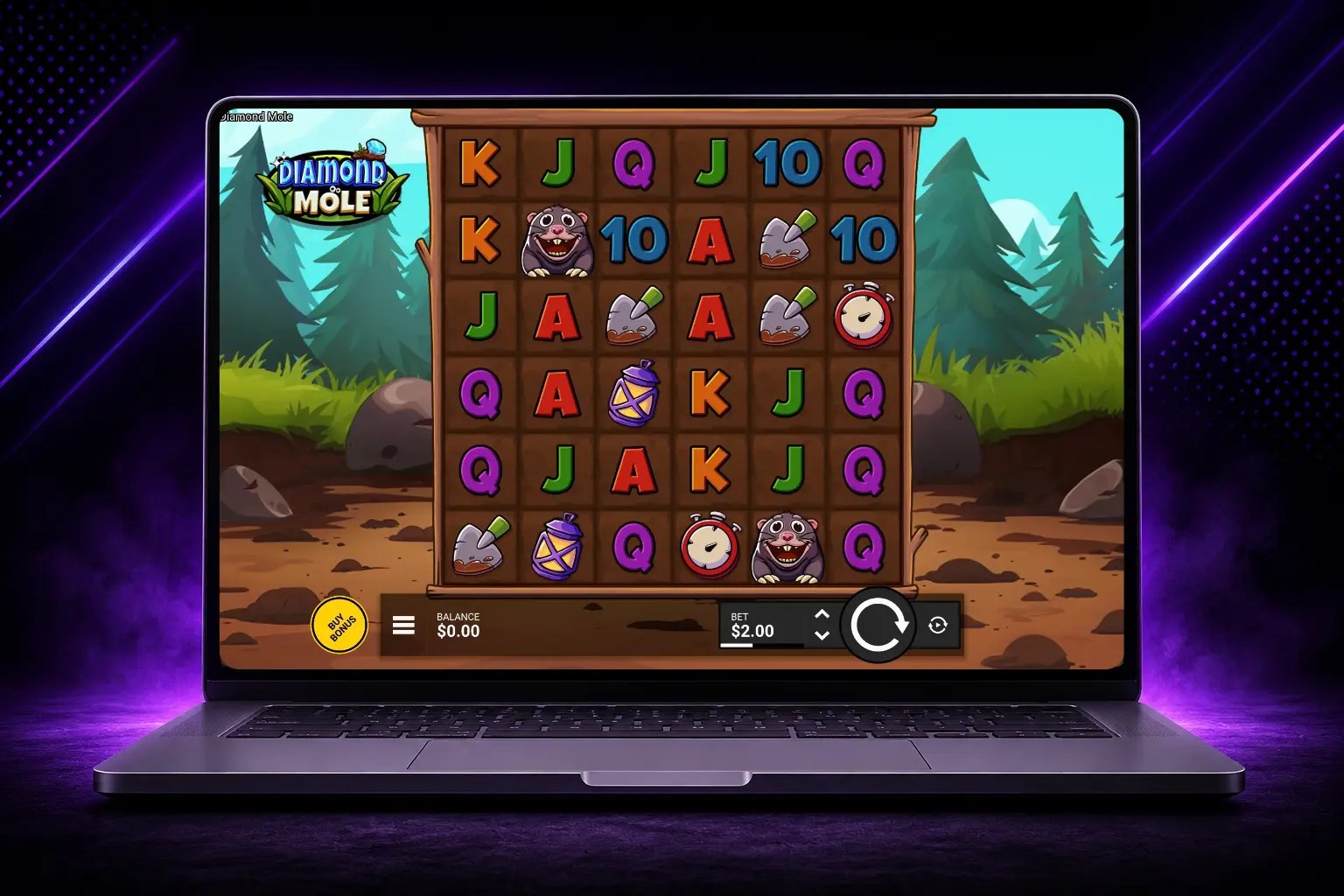 Diamond Mole slot layout shown on a laptop with a purple background