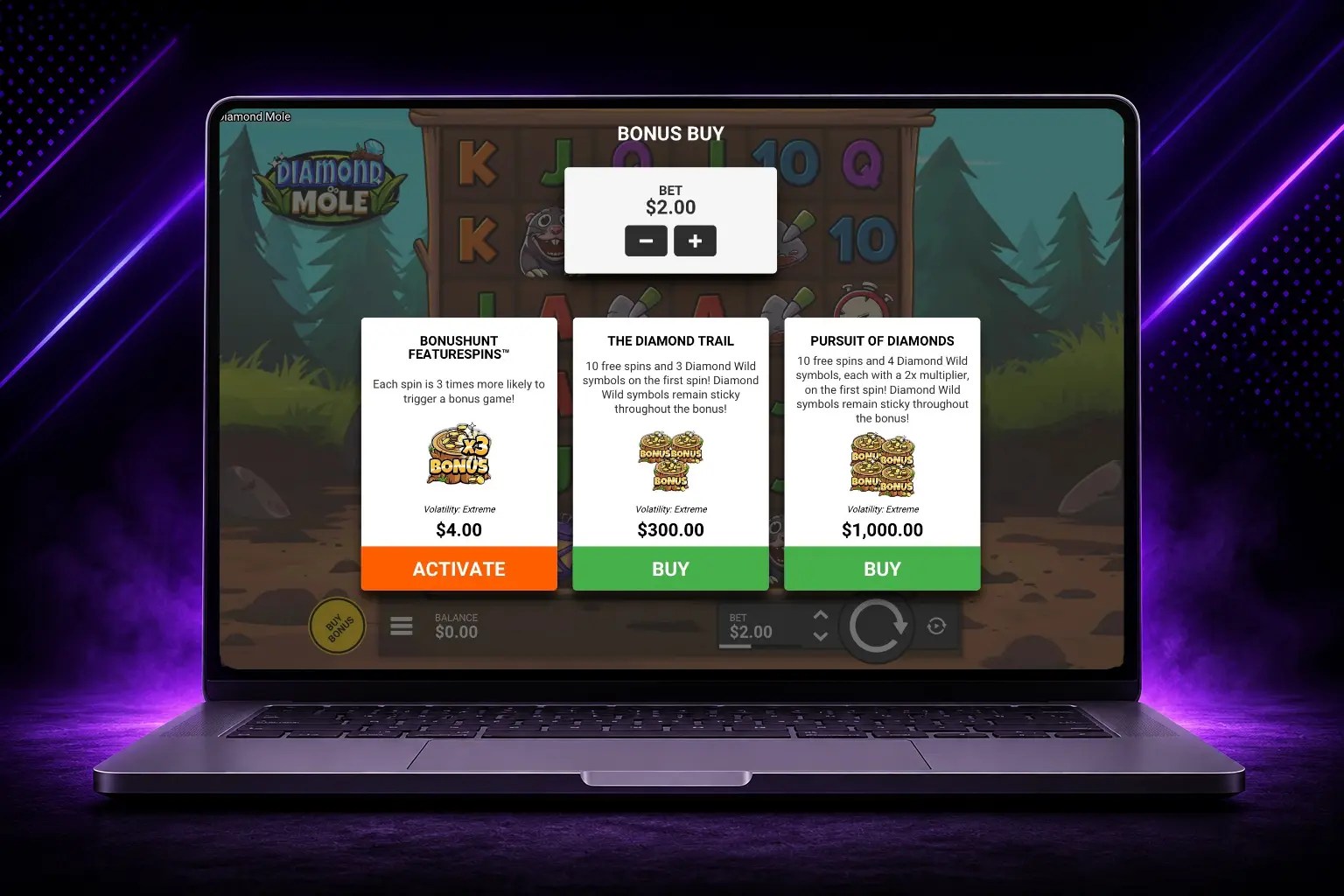 Backseat Gaming slot Diamond Mole bonus buy screen displayed on a laptop with a purple background