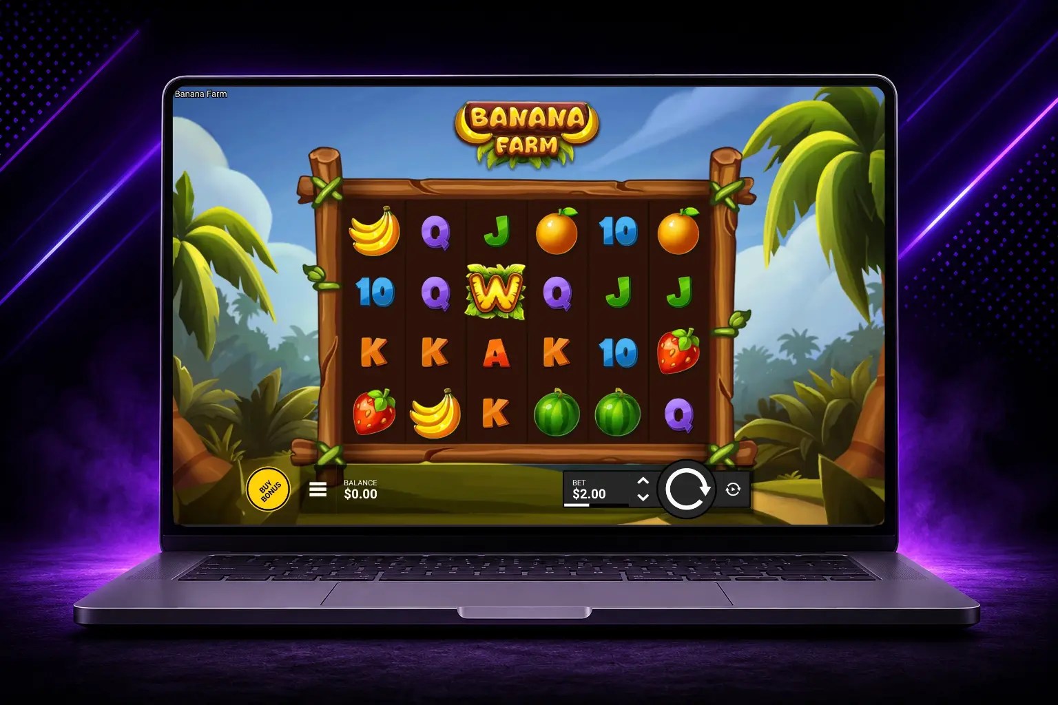Backseat Gaming slot Banana Farm layout screen displayed on a laptop with a purple background