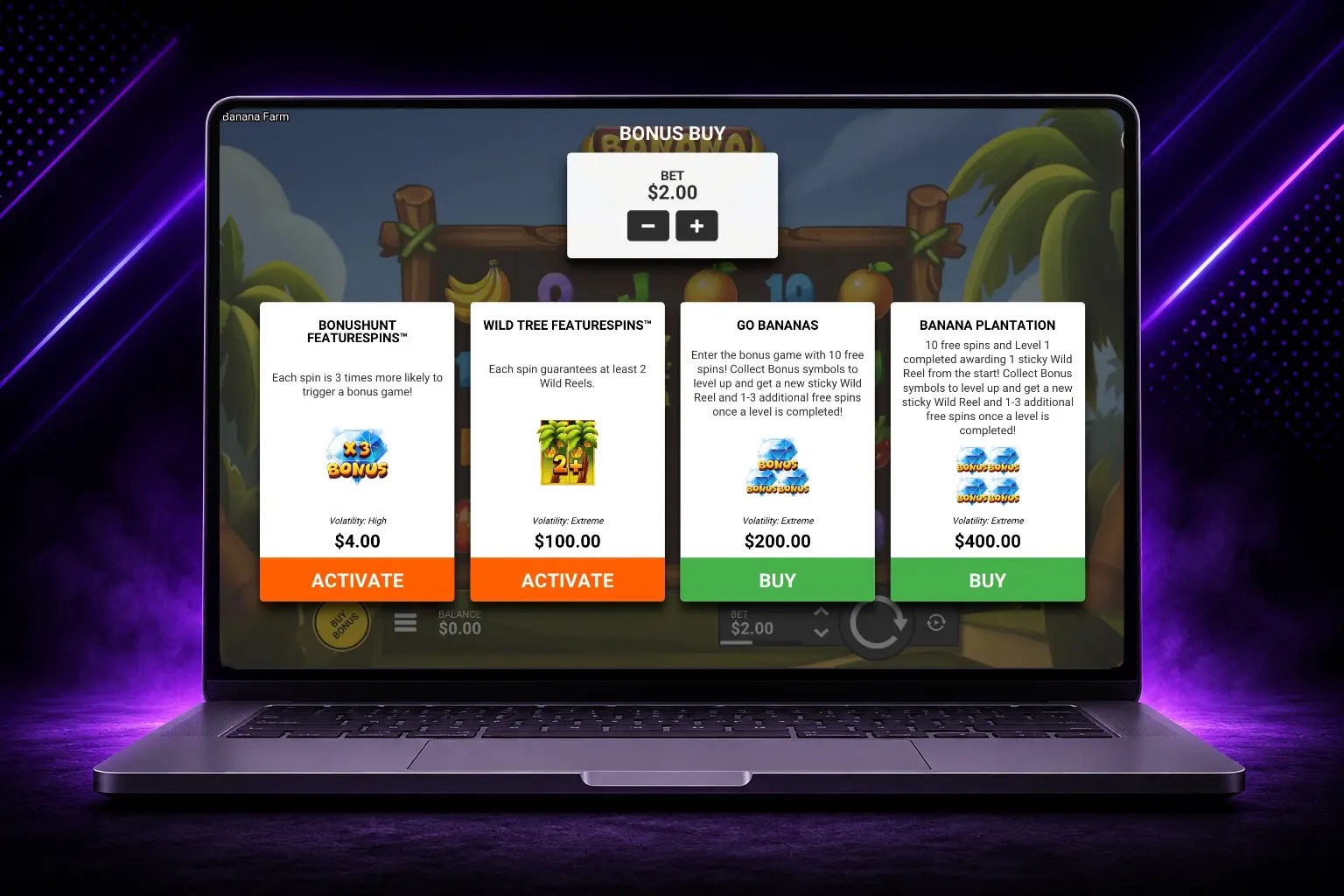Backseat Gaming slot Banana Farm bonus buy screen displayed on a laptop with a purple background