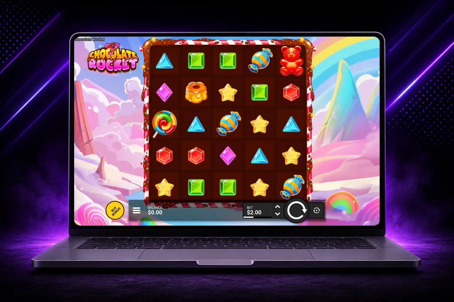 Backseat Gaming Chocolate Rocket slot layout screen displayed on a laptop with a purple background
