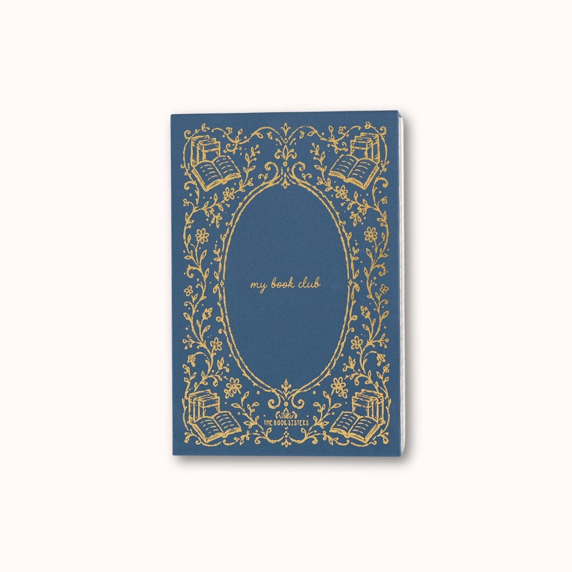 The Book Sisters My Book Club journal in navy with gold foil floral frame cover design.