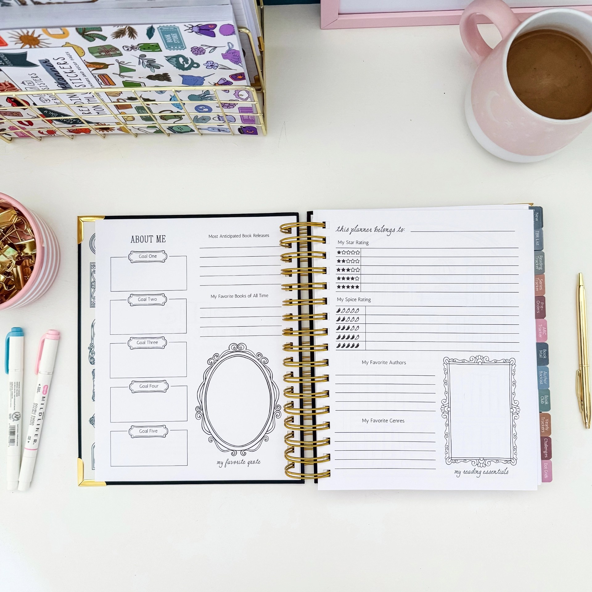 Reading planner intro spread with About Me goal boxes, favorite book releases, star and spice rating keys, and a favorite quote frame