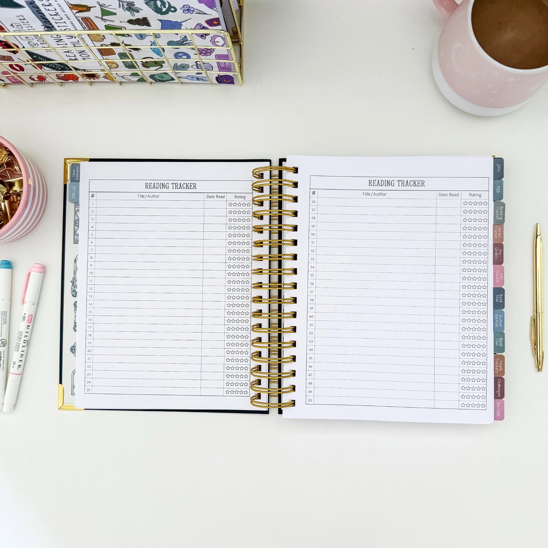 Reading Tracker spread numbered 1 to 50 with columns for title, author, date read, and a five-star rating