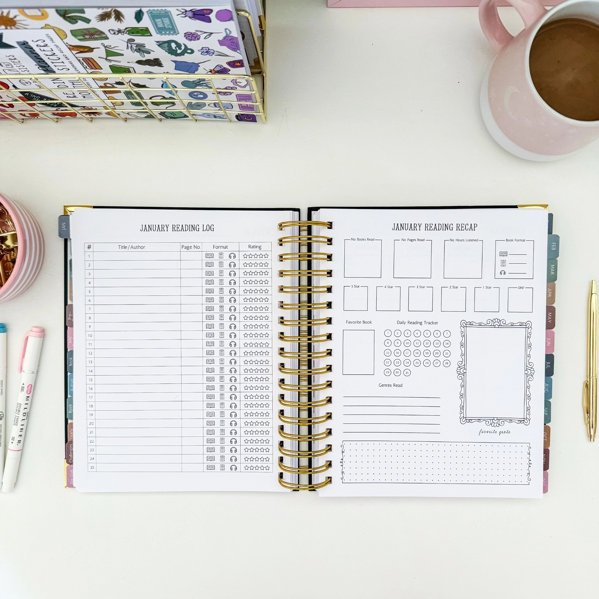 January Reading Log numbered 1 to 25 next to a Reading Recap page with star rating breakdown, daily tracker circles, and a favorite quote frame