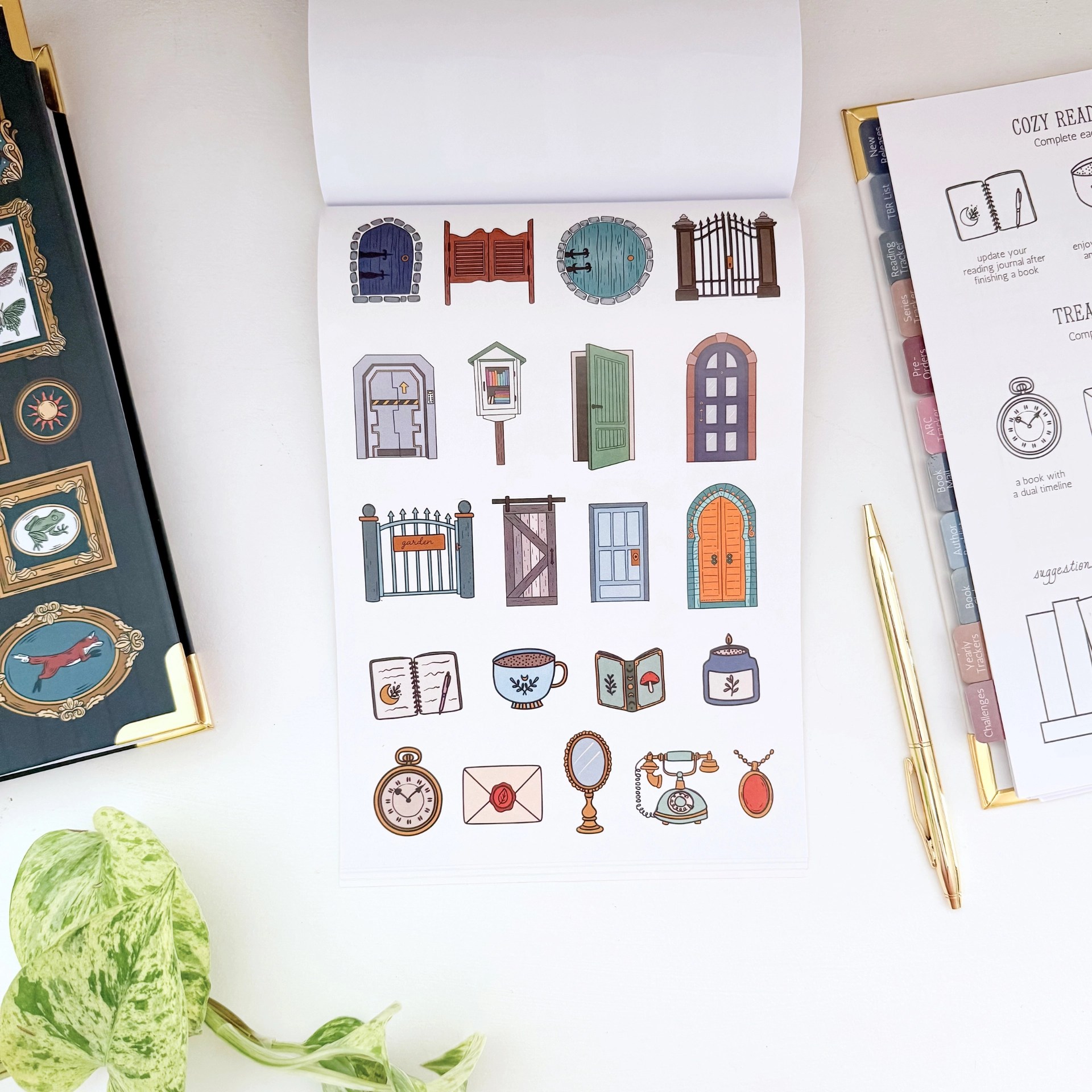 Open sticker sheet of whimsical door and gate stickers plus journal, teacup, and vintage trinket stickers from the Book Sisters planner.