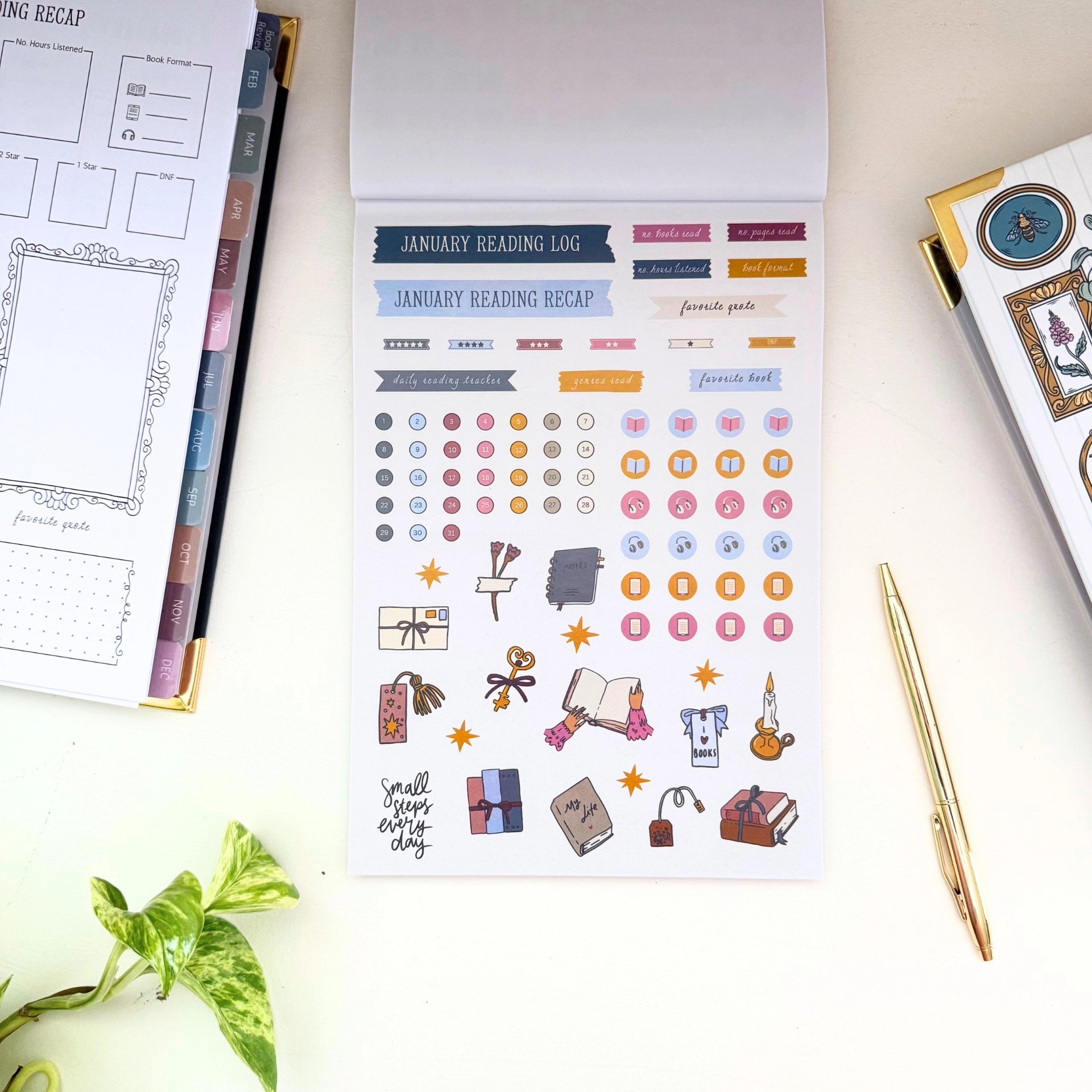 colorful planner stickers to fit in our hardcover planner pages for January reading recap