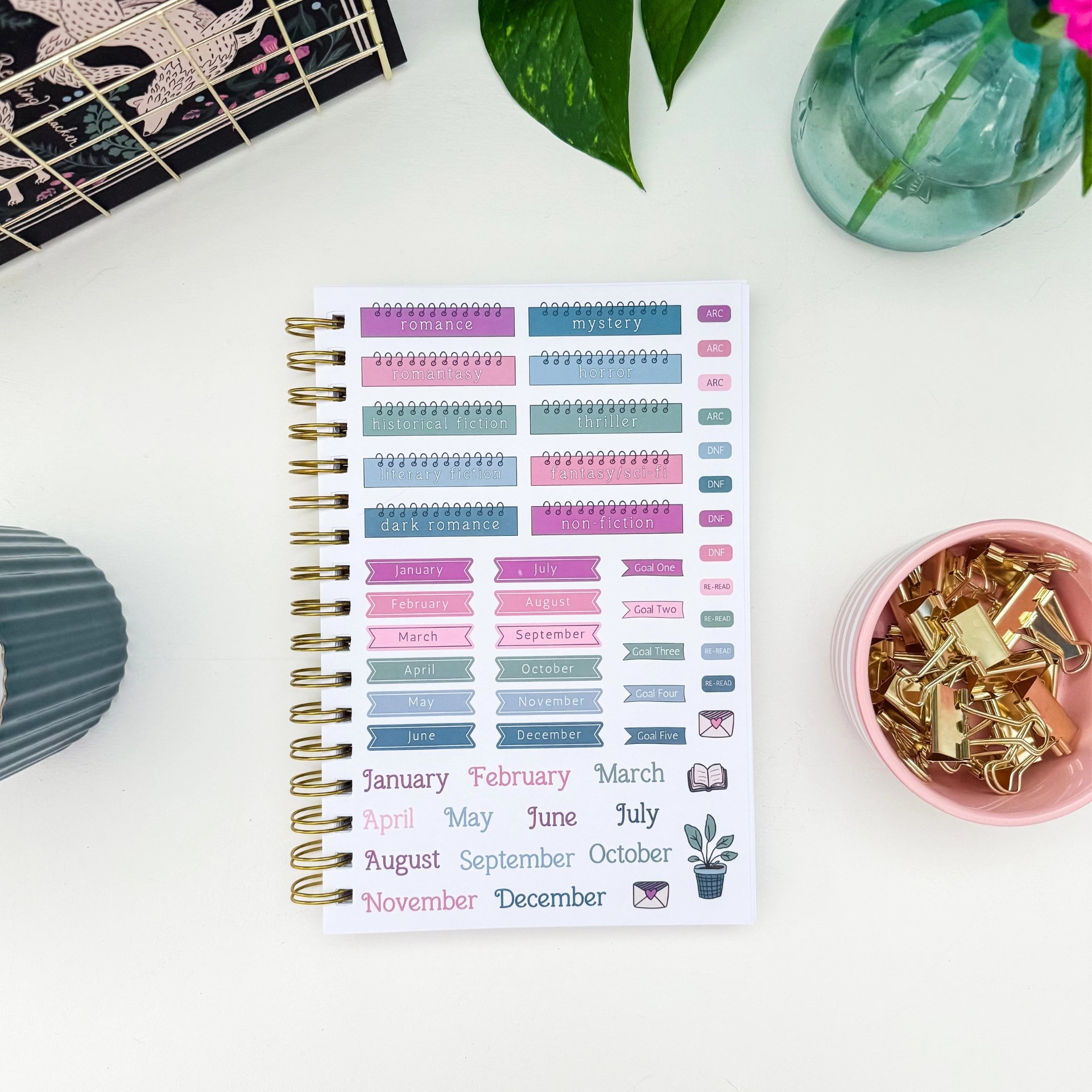 Reading Tracker sticker sheet with genre labels, ARC/DNF/re-read tags, month banners, and goal stickers for book journaling