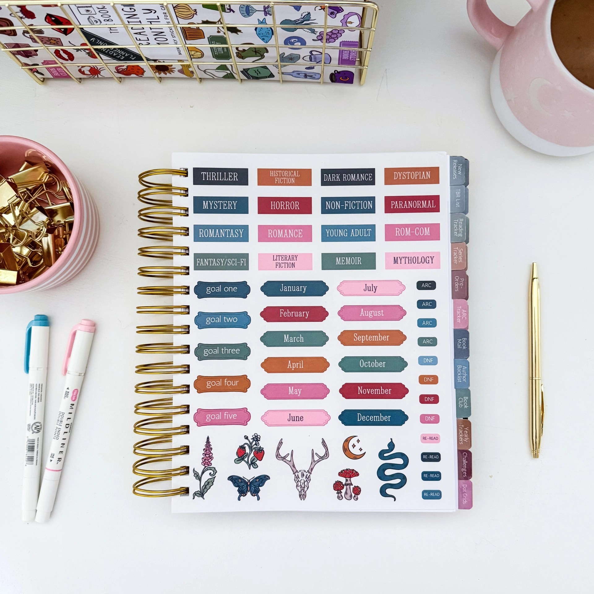 Sticker sheet with genre labels like Thriller, Romance, and Fantasy/Sci-Fi, plus month, goal, ARC, and DNF labels for the reading planner