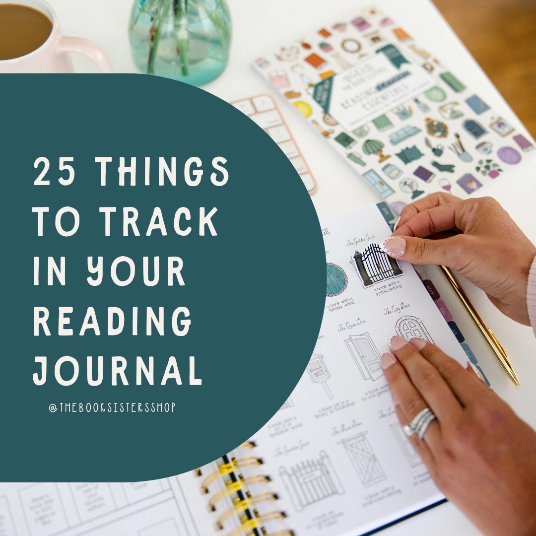 Hands adding gothic gate and city door stickers to a reading journal tracker page, next to a Reading Essentials sticker sheet and a cup of coffee, from The Book Sisters.