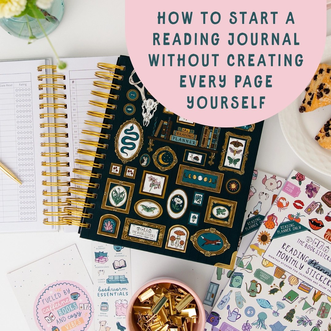 A dark hardcover reading journal with a curiosity cabinet cover design, gold wire binding, open to a star rating tracker page, surrounded by matching sticker sheets from The Book Sisters.