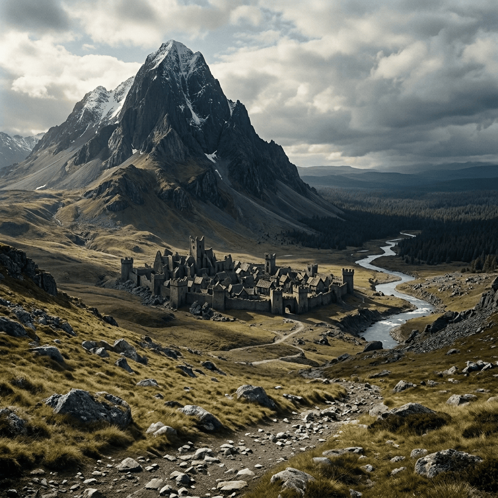 Traveling fellowship overlooking a fortified village beneath a towering mountain