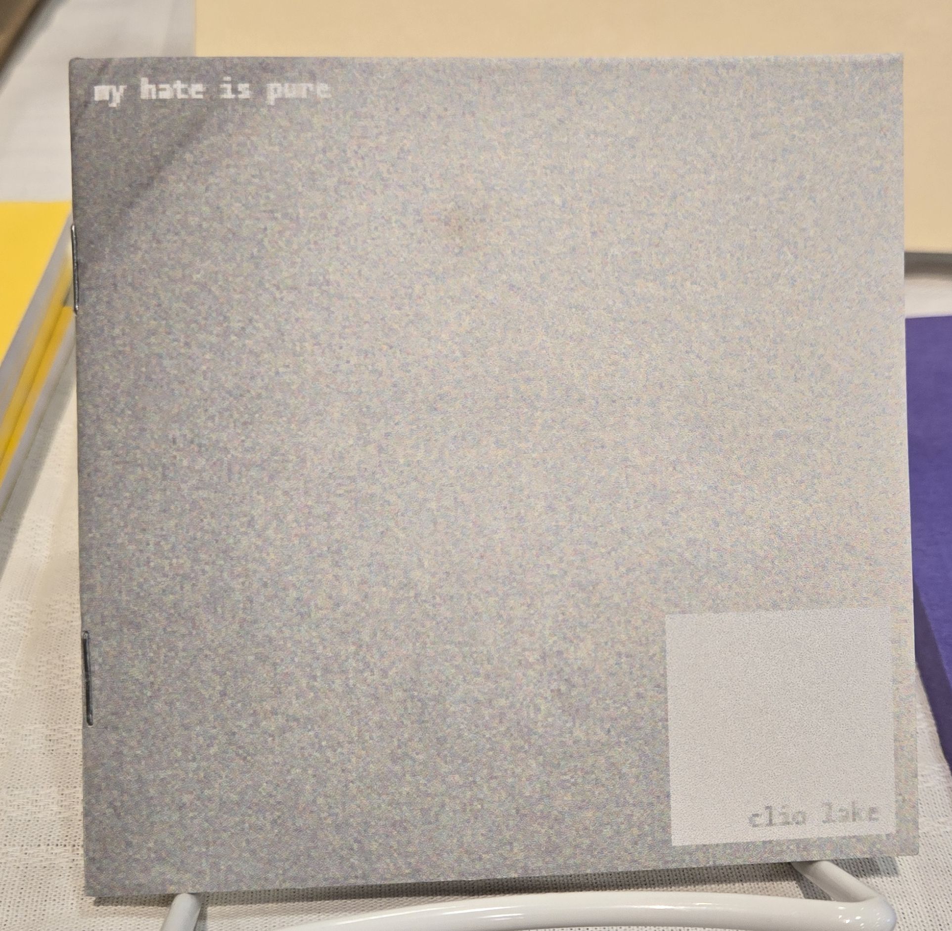 Cover of a square book. Large pixels create an unusual texture, against which is the text "my hate is pure" ahnd "clio lake"