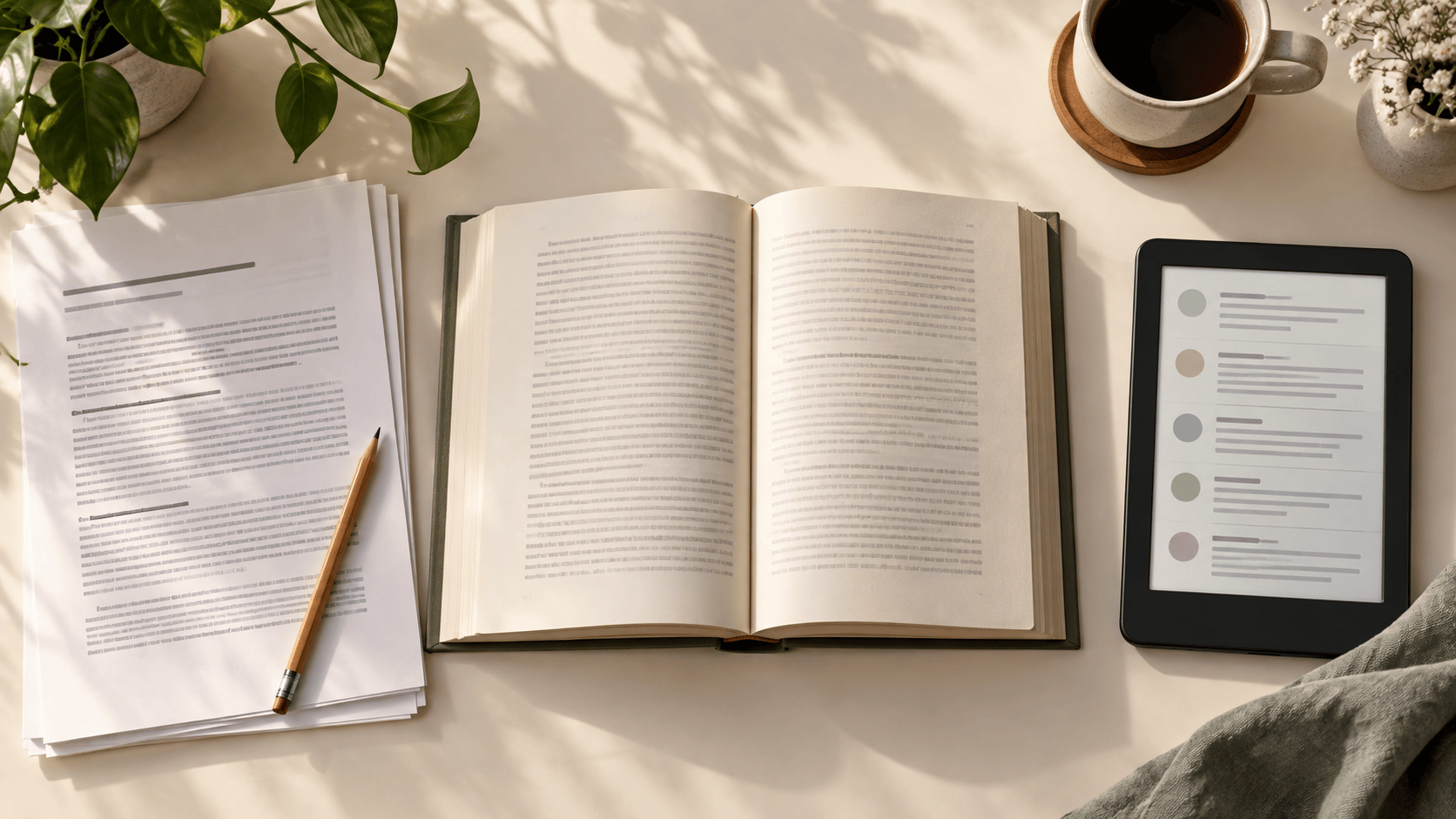 Open book between a printed editorial review and an e-reader showing reader comments