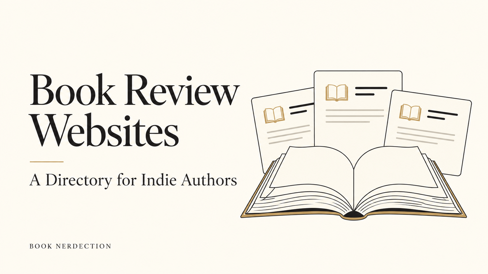 Book Review Websites: A Directory for Indie Authors, with an open book and review listing cards