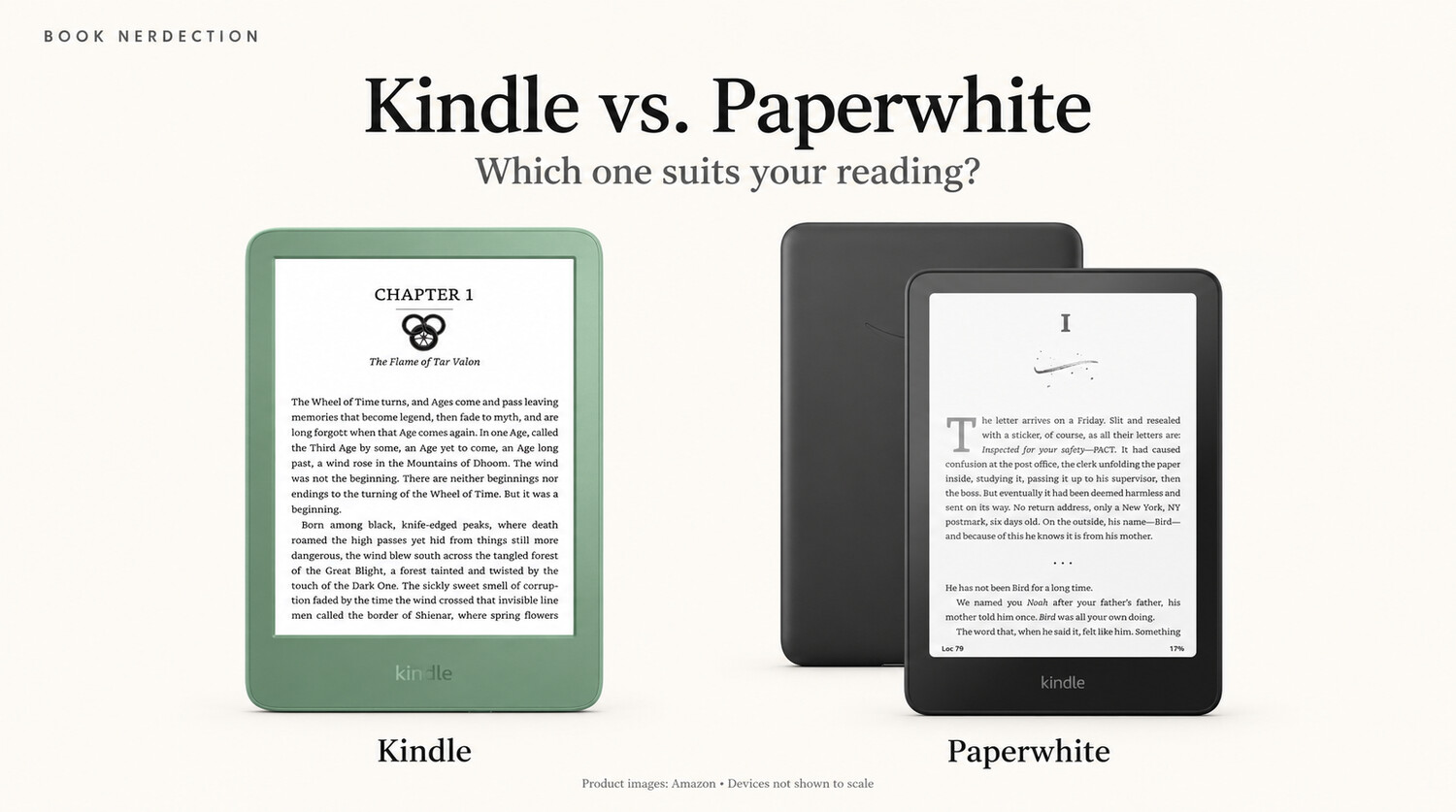 Kindle versus Paperwhite: green basic Kindle beside the black Kindle Paperwhite