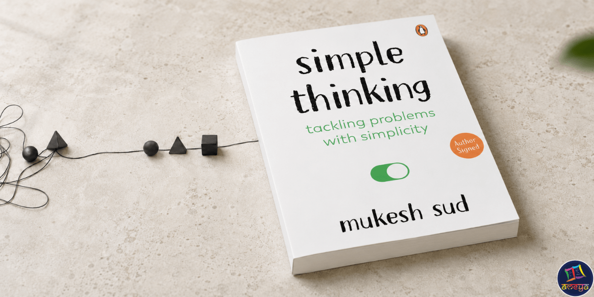Simple Thinking by Mukesh Sud lying on a light stone surface beside tangled thread that gradually forms a clear, orderly line.