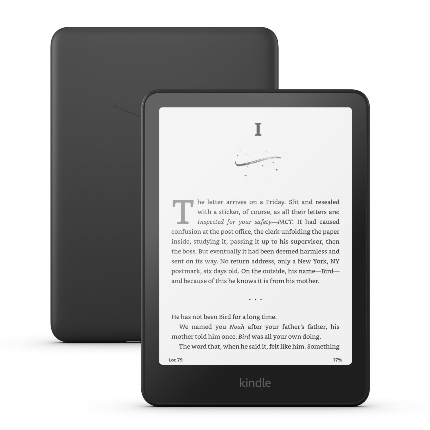 Actual Amazon Kindle Paperwhite e-reader, front and back