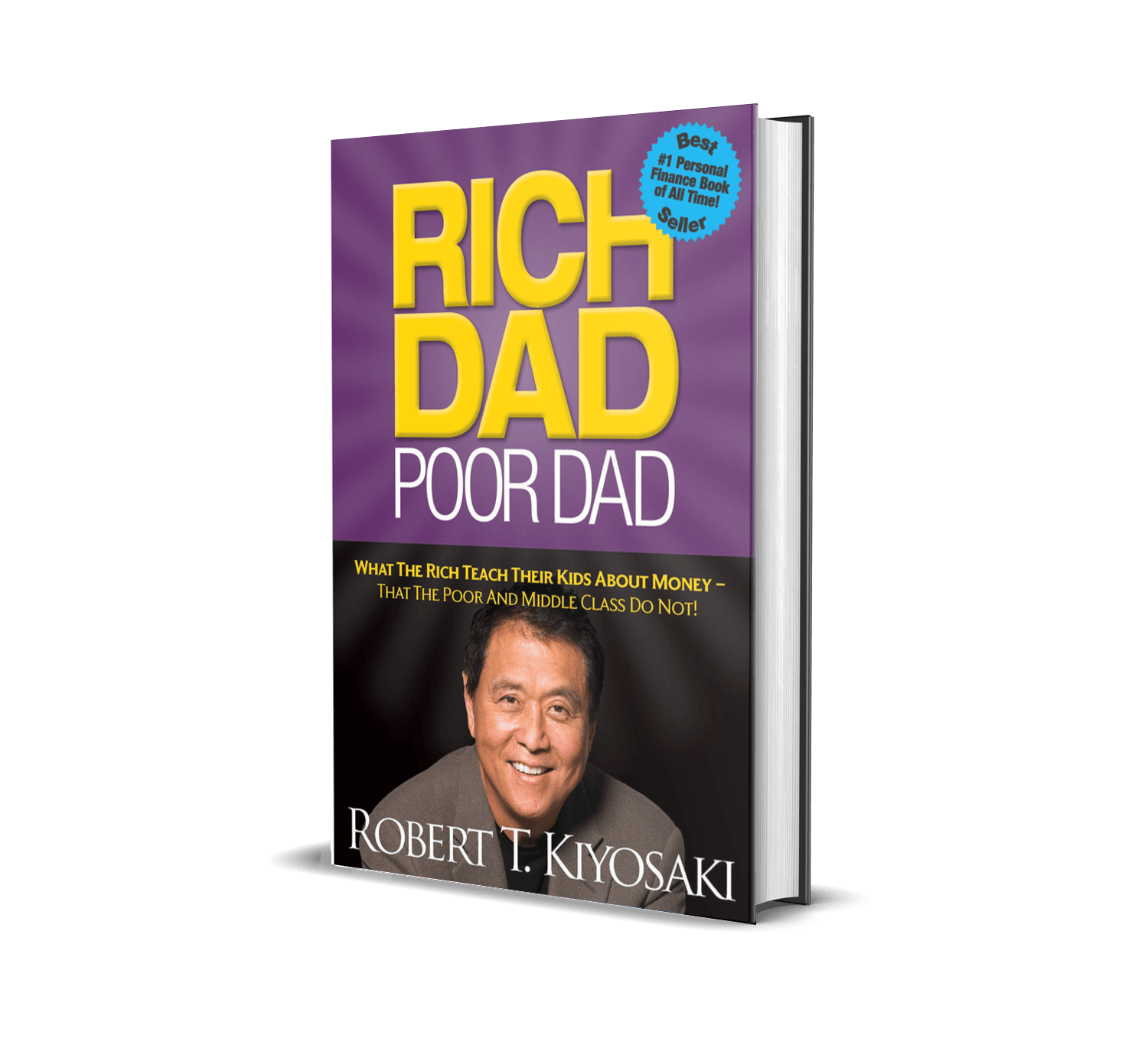Rich Dad Poor Dad book cover by Robert Kiyosaki showing purple and yellow design with title and author name
