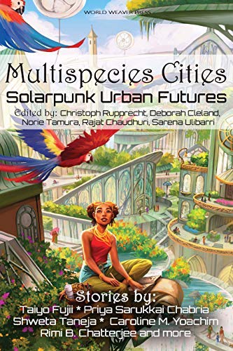 Futuristic green solarpunk city with lots of trees