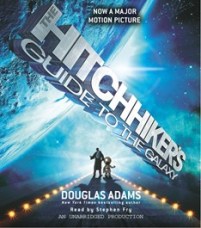 CD cover of The Hitchhiker's Guide to the Galaxy by Douglas Adams Read by Stephen Fry Published by Random House Audio | recommended on BooksYALove.com