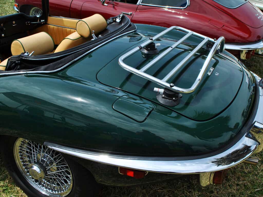 Revo Rack Revolutionary Boot Luggage Rack PA on green Jaguar E Type