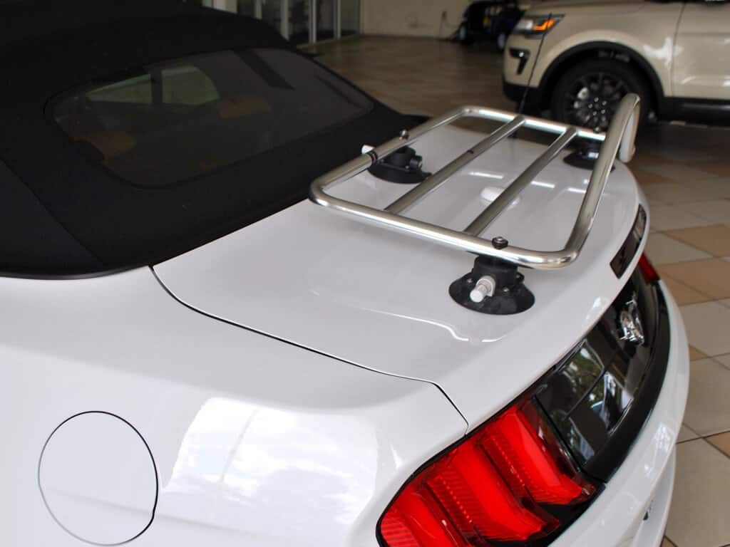 side view of Revo Rack Revolutionary Boot Luggage Rack PA on white Mustang