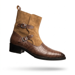 Men's Tan Suede & Brown Croc-Embossed Leather Double Buckle Ankle Boots