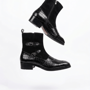 Men's Black Suede & Croc-Embossed Leather Double Buckle Ankle Boots