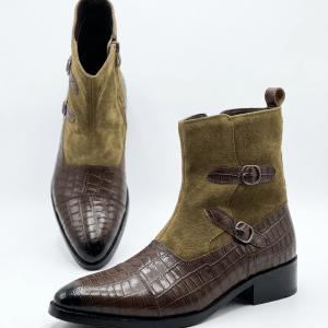 Men's Olive Suede & Brown Croc-Embossed Leather Double Buckle