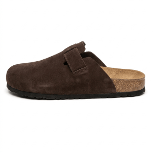 Men's Dark Brown Suede Closed Toe Clog And Buckle Strap Cork Slippers