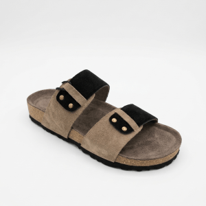 Men's Black & Beige Suede Dual Strap Slide Slippers | Studded Cork Slippers