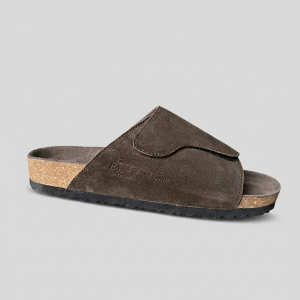Men's Olive Grey Suede Single Strap Slide Slippers | Cork Sole Comfort Slippers