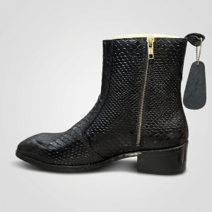 Python-Embossed Leather Block Heel Ankle Boots