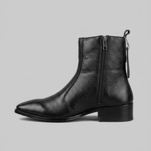 Black Pebbled Leather Side-Zip Ankle Boots