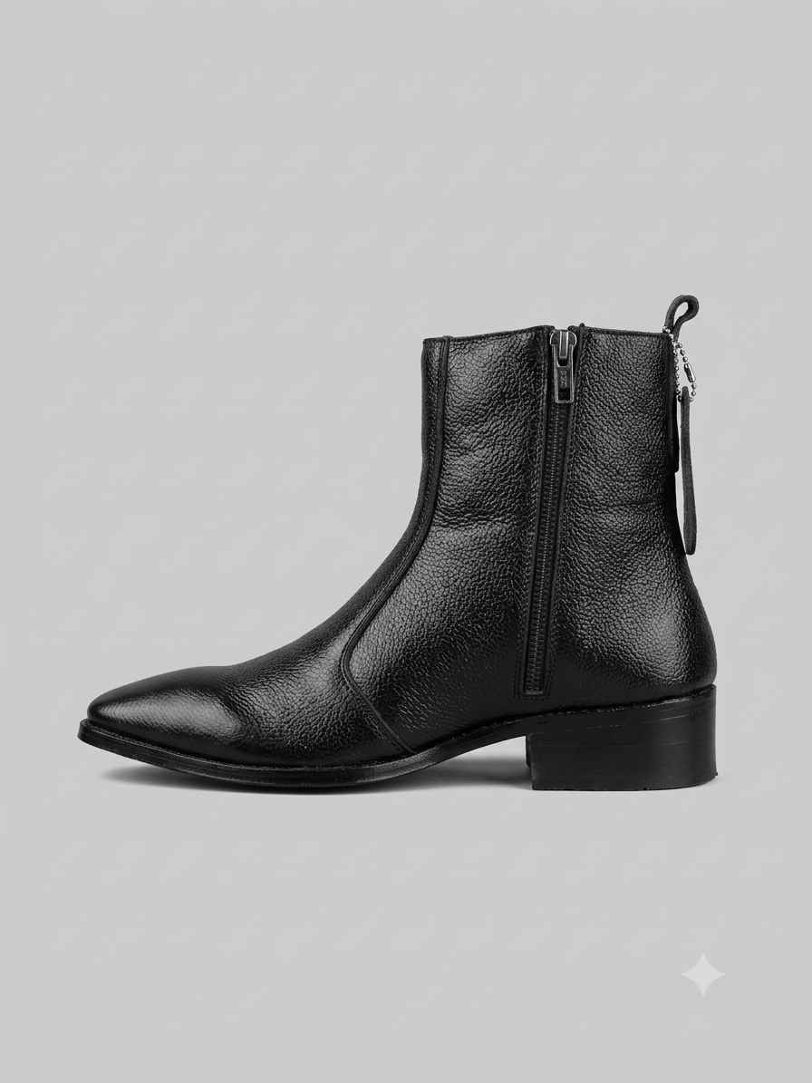 Black Pebbled Leather Side-Zip Ankle Boots