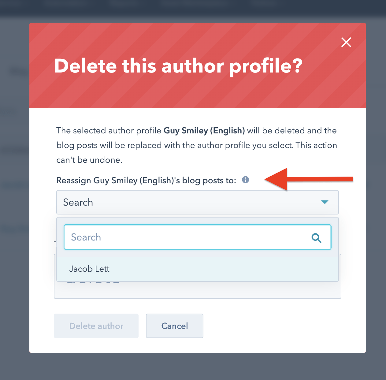delete author to reassign hubspot blog