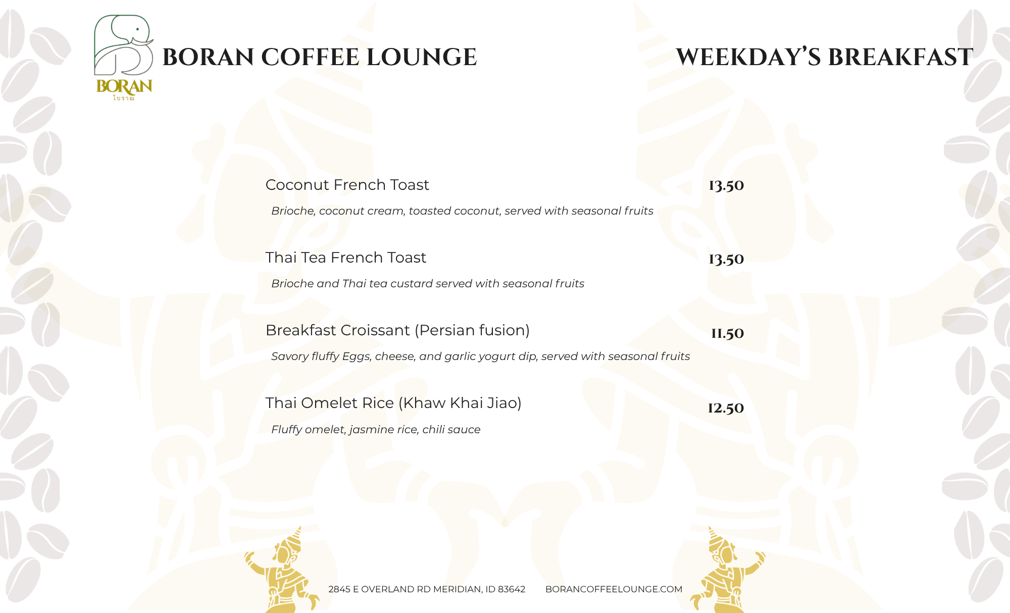 We serve Thai, Persian and American food for our weekday breakdast at Boran Coffee Lounge in Meridian Idaho.