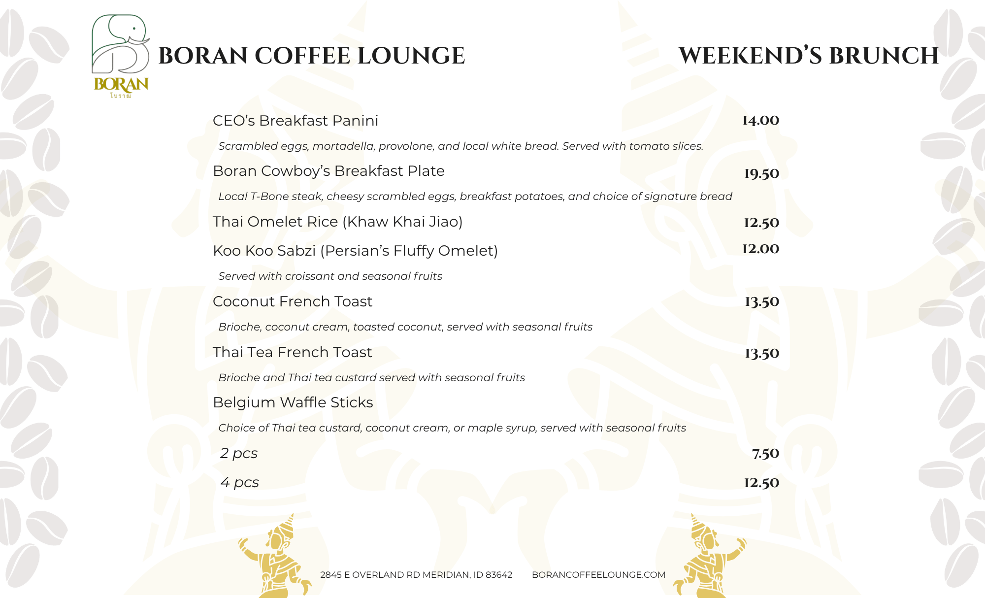 We serve Thai, Persian and American food for our weekend breakdast at Boran Coffee Lounge in Meridian Idaho.