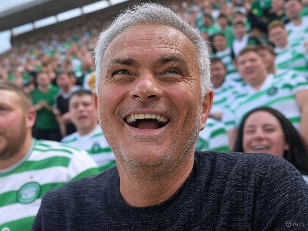Fenerbache Manager Jose Mourinho laughing with Celtic fans