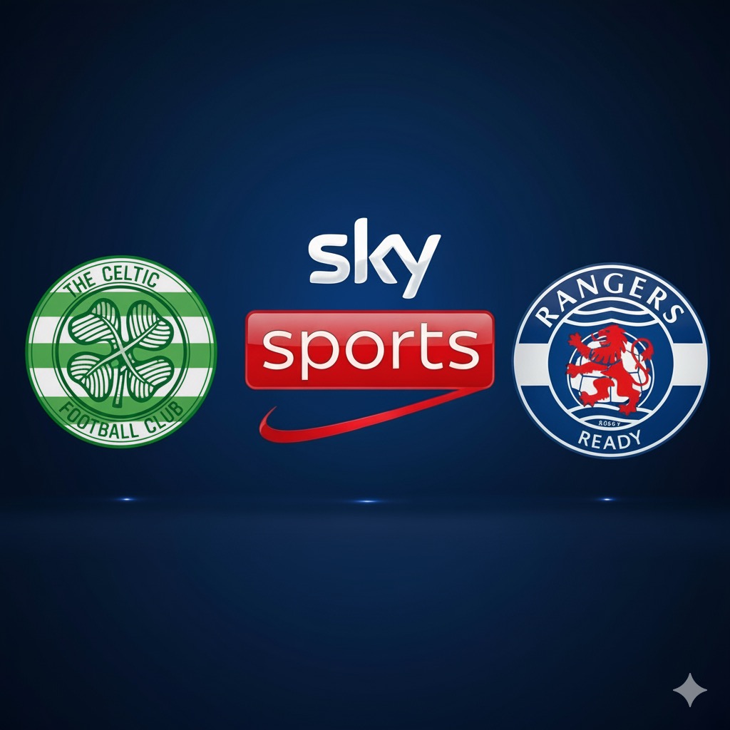 The alt text for this image could be: "The official Sky Sports logo is centered, with the Celtic FC badge to its left and the Rangers FC badge to its right. All three logos are displayed on a dark blue background."