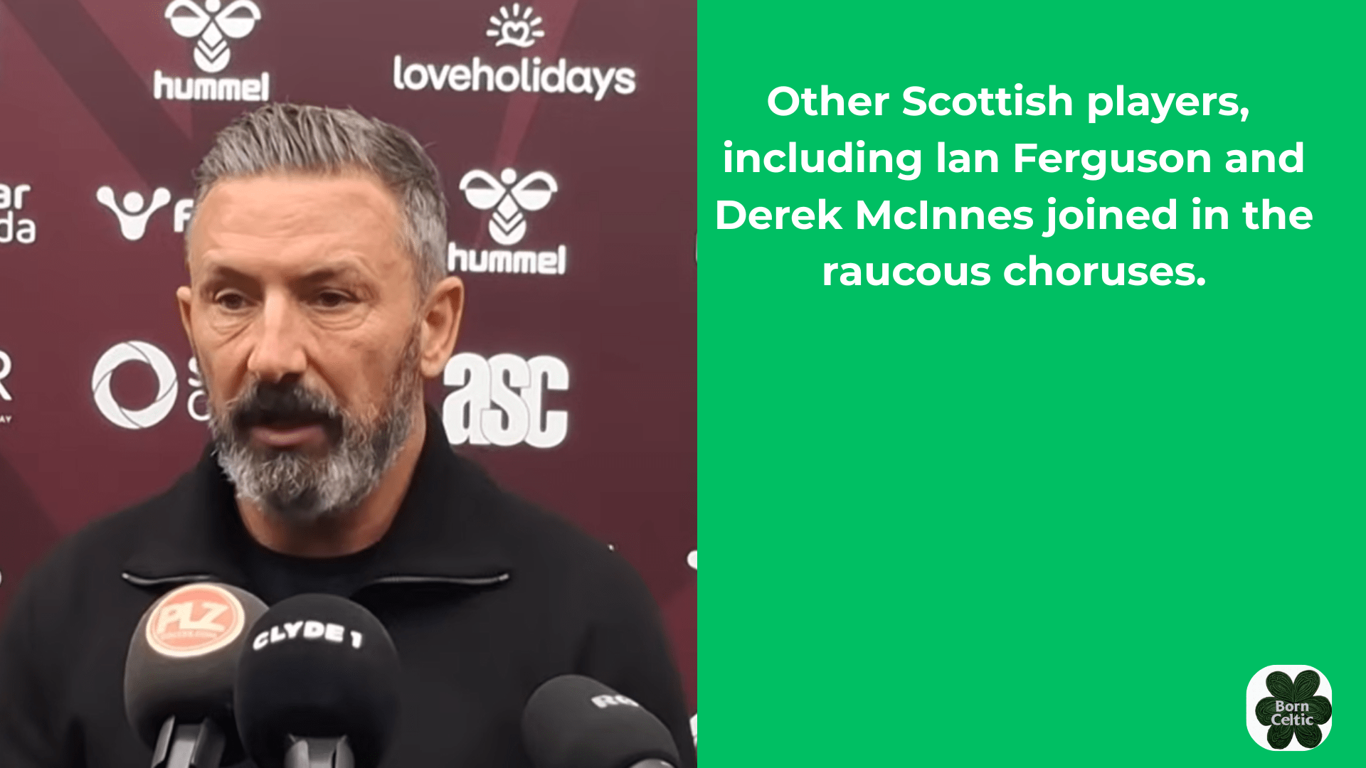Split image of Derek McInnes including a quote from his Rangers past about anti-Celtic singing.