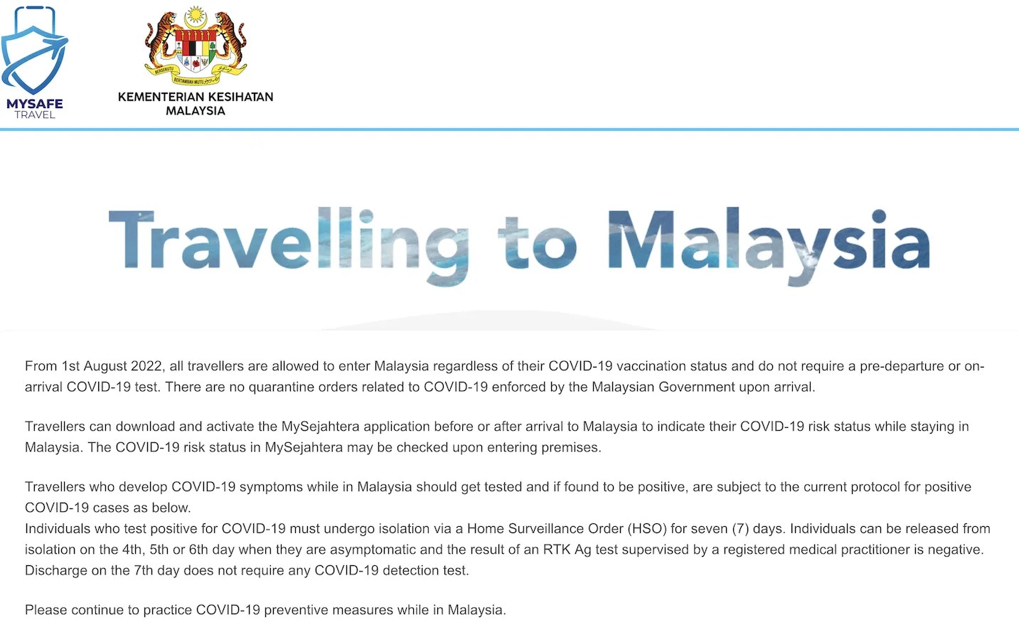 1 Aug 2022 Malaysia entry rules