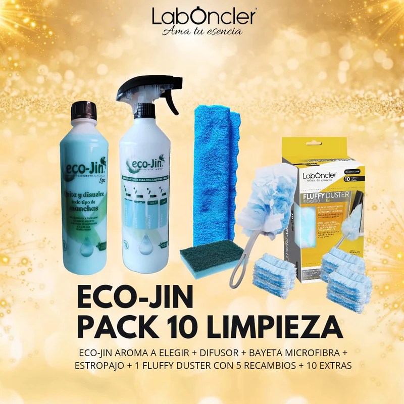 PACK 10 LIMPIEZA ECO-JIN A ELEGIR+DIFUSOR+ FUFFLY+10 RECAMBIOS EXTRAS FUFFLY+BAYETA MICROFIBRA+ESTROPAJO CON ESPONJA