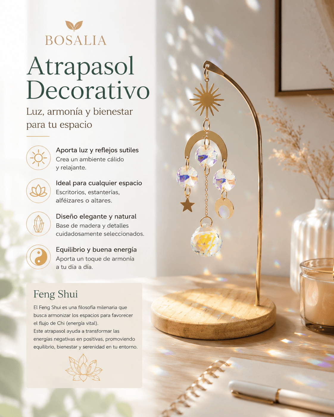 Atrapasol sobre base de madera sol, luna y estrella
