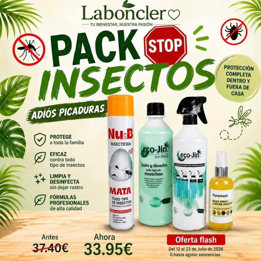 Pack Adios Insectos: Insecticida Nu-B + Eco-Jin Ice-Mint con Difusor + Repelente Cosmético de Insectos